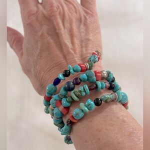 Vintage memory wire Turquoise and Coral Beaded Bracelet